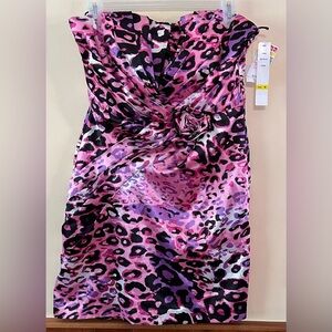 Never worn pink leopard print strapless mini dress